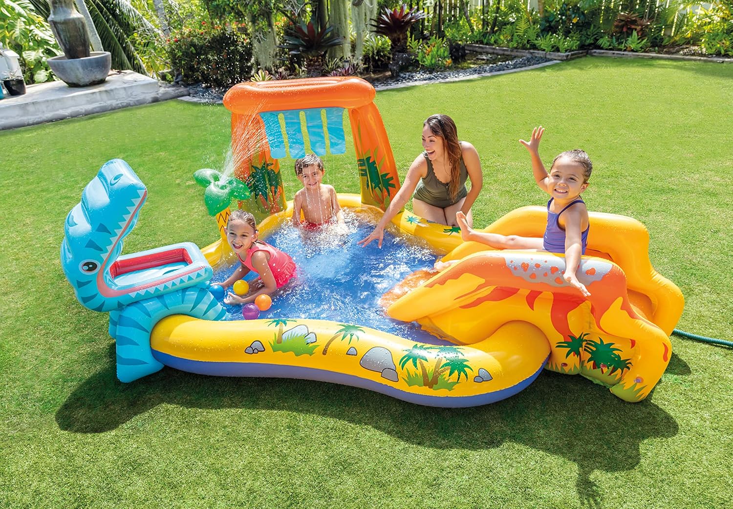 Inflatable Dinosaur Play Center Outdoor Playhouse Inflatable Water Park with Kid Pool Slide, Water Sprayer, Waterfall, and 6 Balls, Multicolor - Image 4