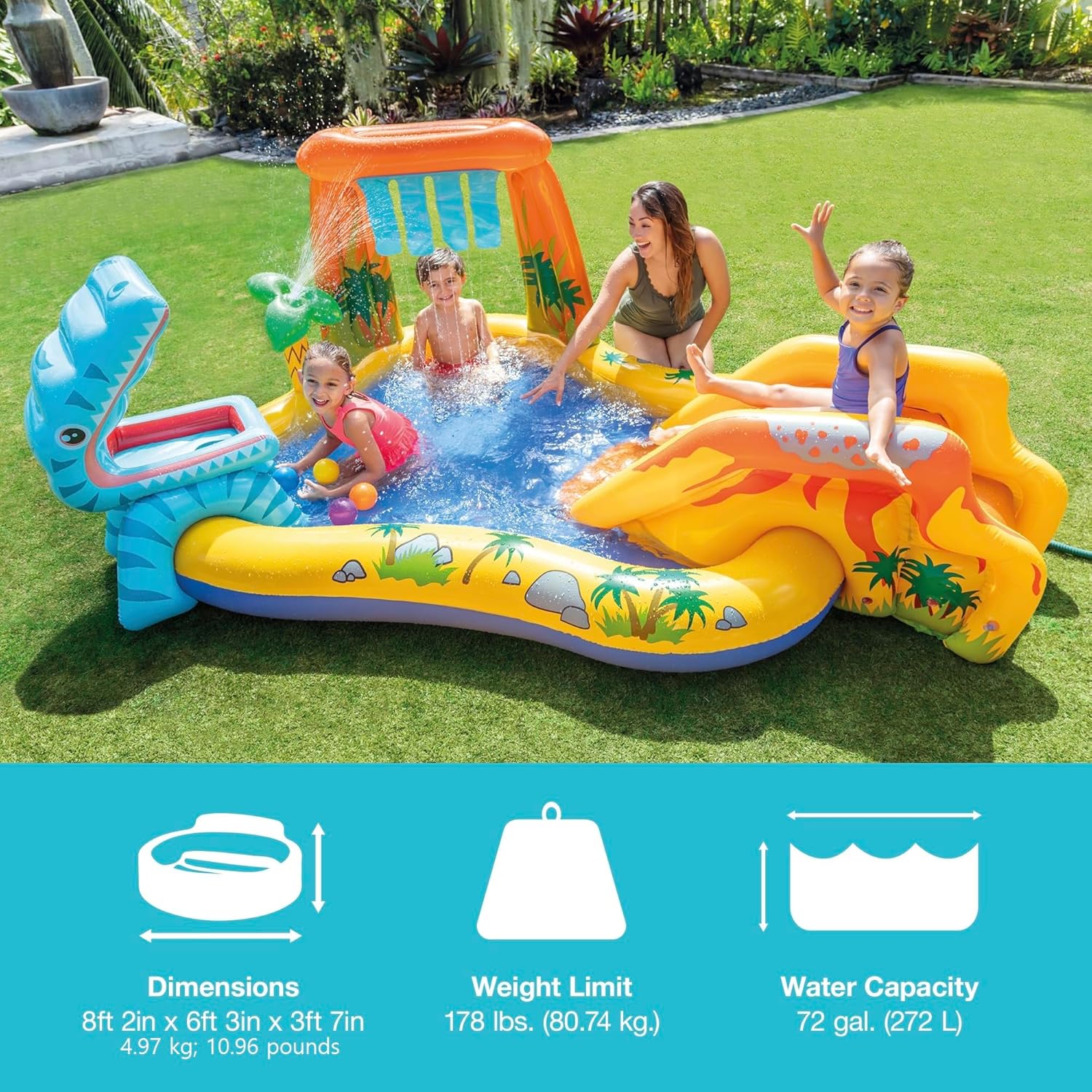 Inflatable Dinosaur Play Center Outdoor Playhouse Inflatable Water Park with Kid Pool Slide, Water Sprayer, Waterfall, and 6 Balls, Multicolor - Image 5